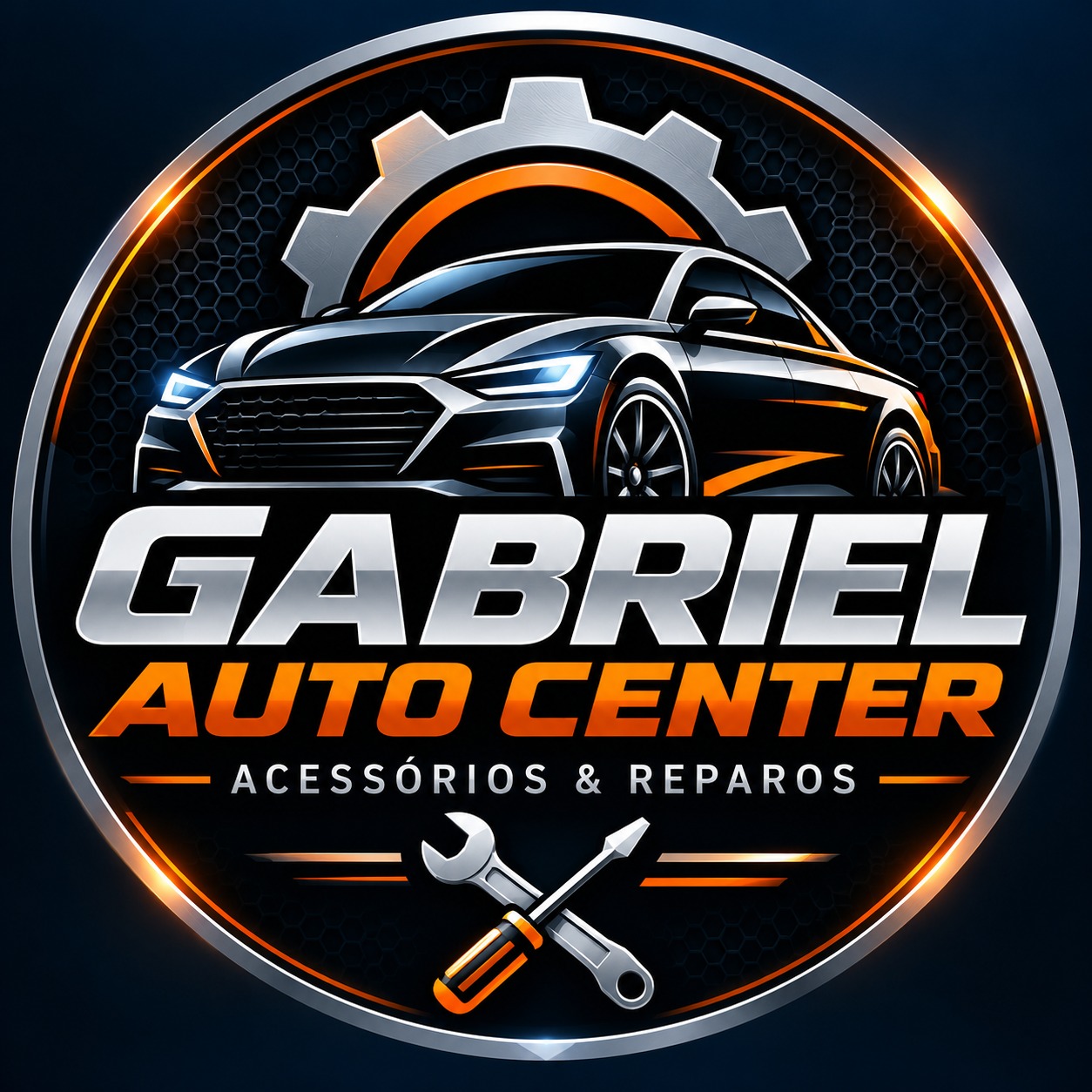 Logo Gabriel Auto Center: carro, engrenagem e ferramentas em azul, prata e laranja